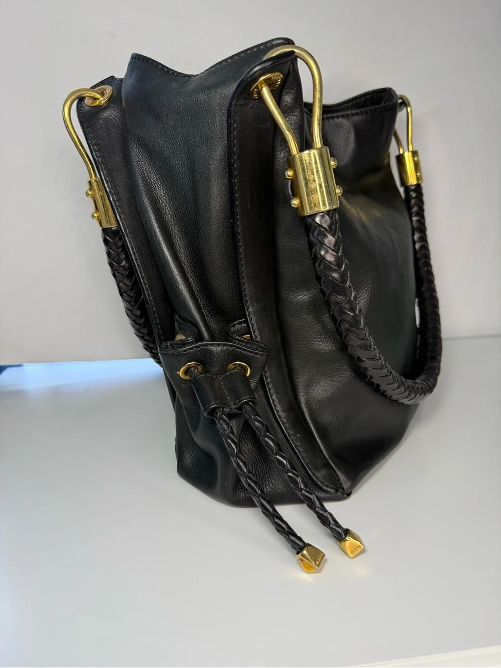 Michael Kors Black Braided-Handle Shoulder Hobo with Gold-Tone Accents